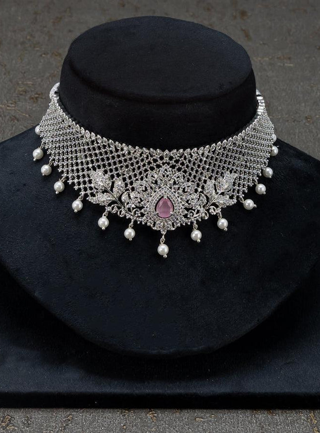 Zircon choker ruby and cz stones with pearl hangings - {{ collection.title }} by Prashanti Sarees