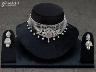 Zircon choker ruby and cz stones with pearl hangings
