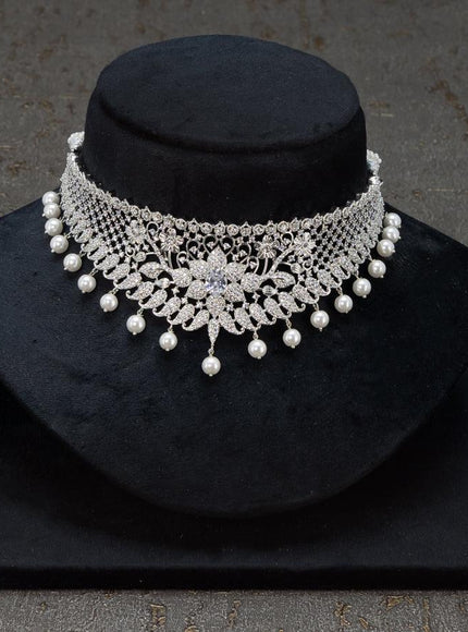 Zircon choker floral design ruby and cz stones with pearl hangings - {{ collection.title }} by Prashanti Sarees