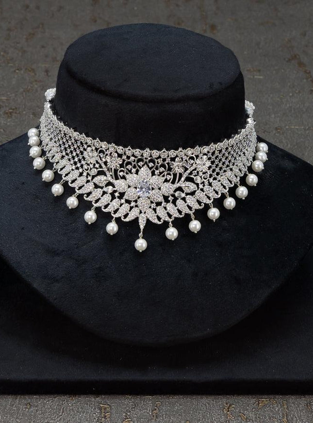 Zircon choker floral design ruby and cz stones with pearl hangings - {{ collection.title }} by Prashanti Sarees