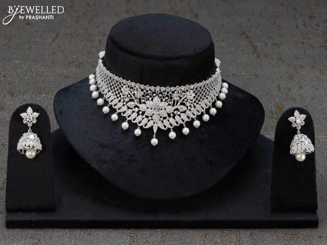 Zircon choker floral design ruby and cz stones with pearl hangings - {{ collection.title }} by Prashanti Sarees