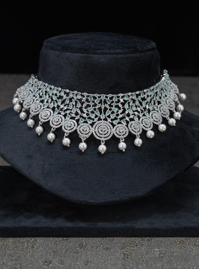 Zircon choker floral design emerald and cz stones with pearl hangings - {{ collection.title }} by Prashanti Sarees