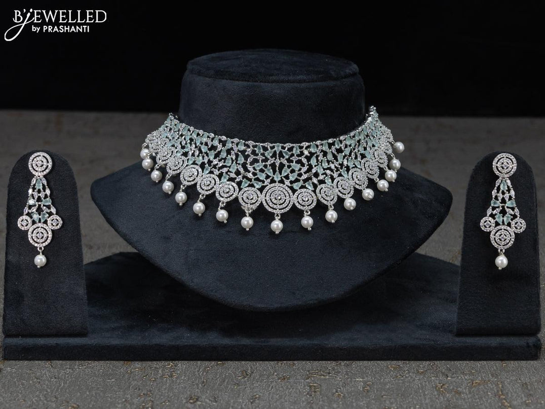 Zircon choker floral design emerald and cz stones with pearl hangings - {{ collection.title }} by Prashanti Sarees