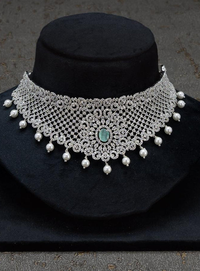 Zircon choker emerald and cz stones with pearl hangings in gold finish - {{ collection.title }} by Prashanti Sarees