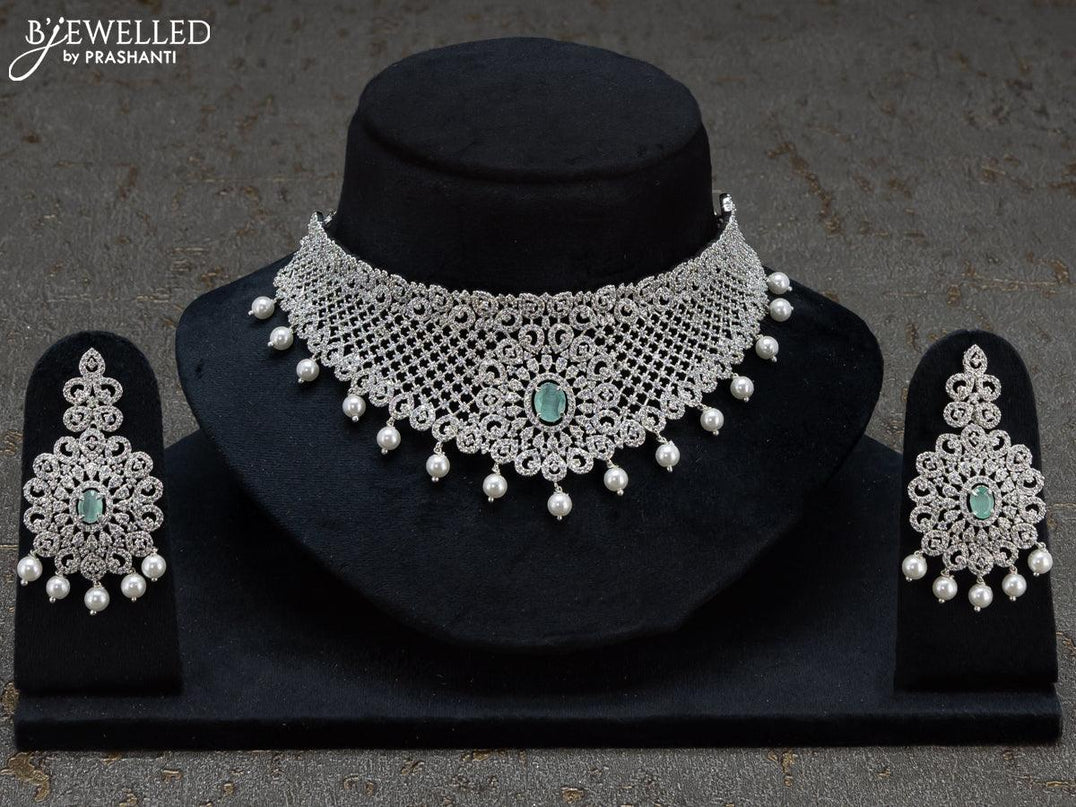 Zircon choker emerald and cz stones with pearl hangings in gold finish - {{ collection.title }} by Prashanti Sarees