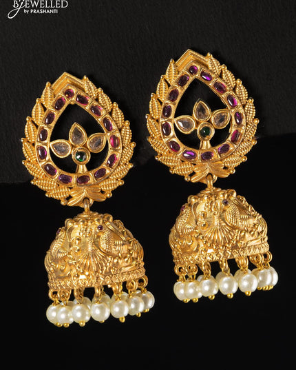 Antique jhumka with kemp stone and pearl hangings - {{ collection.title }} by Prashanti Sarees