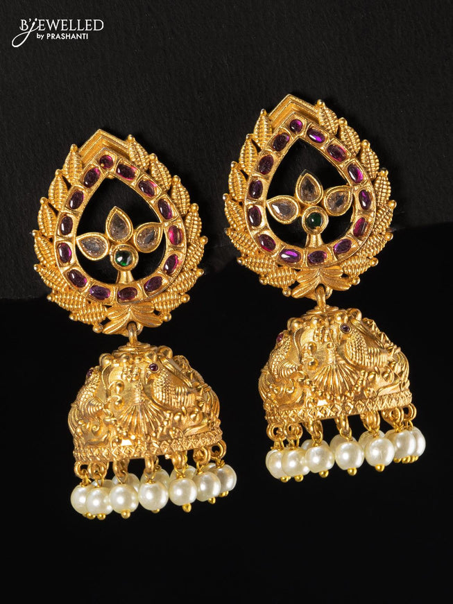 Antique jhumka with kemp stone and pearl hangings - {{ collection.title }} by Prashanti Sarees
