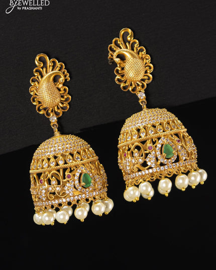 Antique jhumka peacock design kemp and cz stone with pearl hangings - {{ collection.title }} by Prashanti Sarees