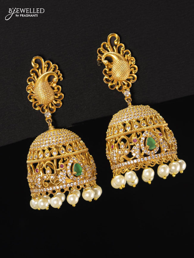 Antique jhumka peacock design kemp and cz stone with pearl hangings - {{ collection.title }} by Prashanti Sarees