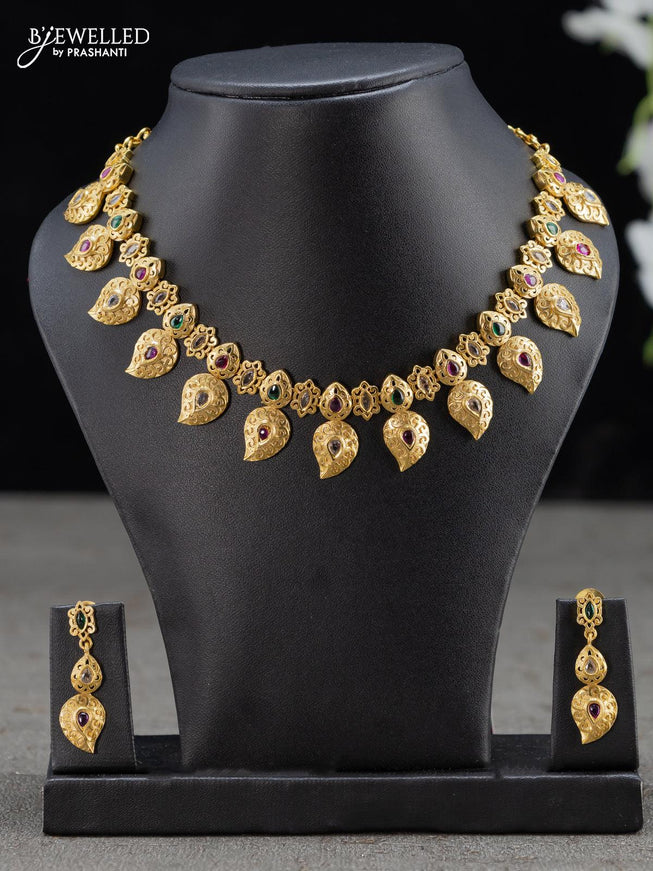 Antique necklace manga pattern with kemp and cz stones - {{ collection.title }} by Prashanti Sarees