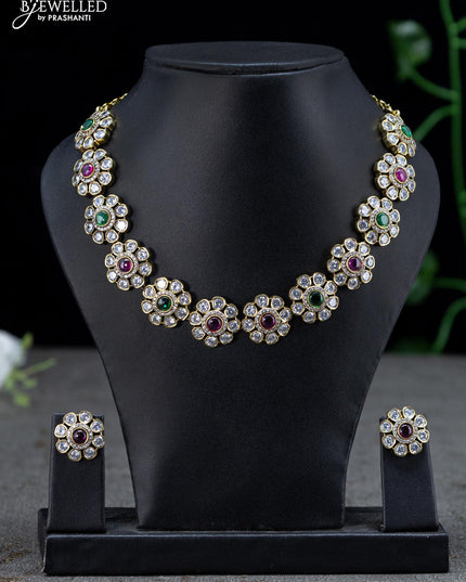 Necklace floral design with kemp and cz stones in victorian finish - {{ collection.title }} by Prashanti Sarees