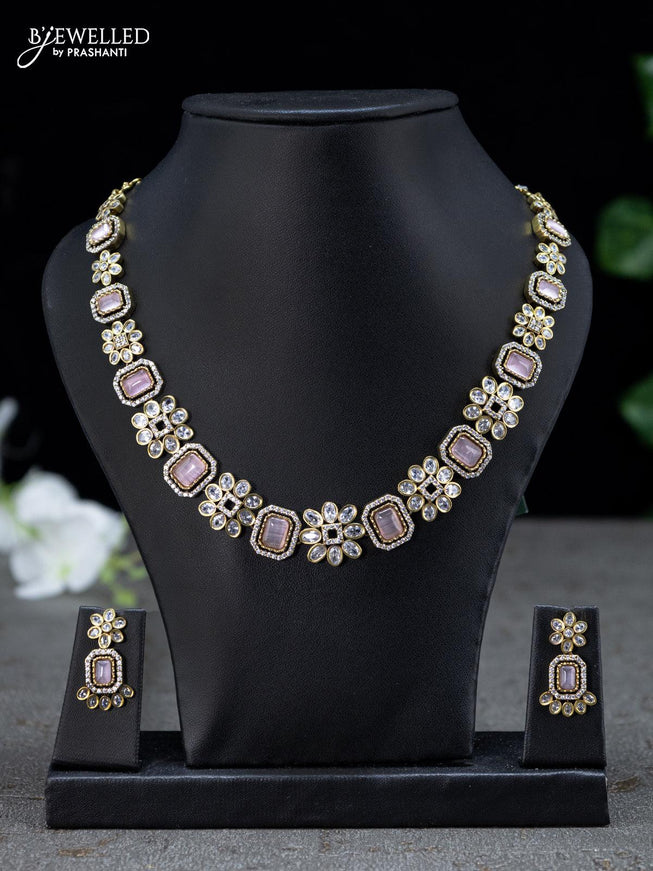 Necklace floral design with baby pink and cz stones in victorian finish - {{ collection.title }} by Prashanti Sarees