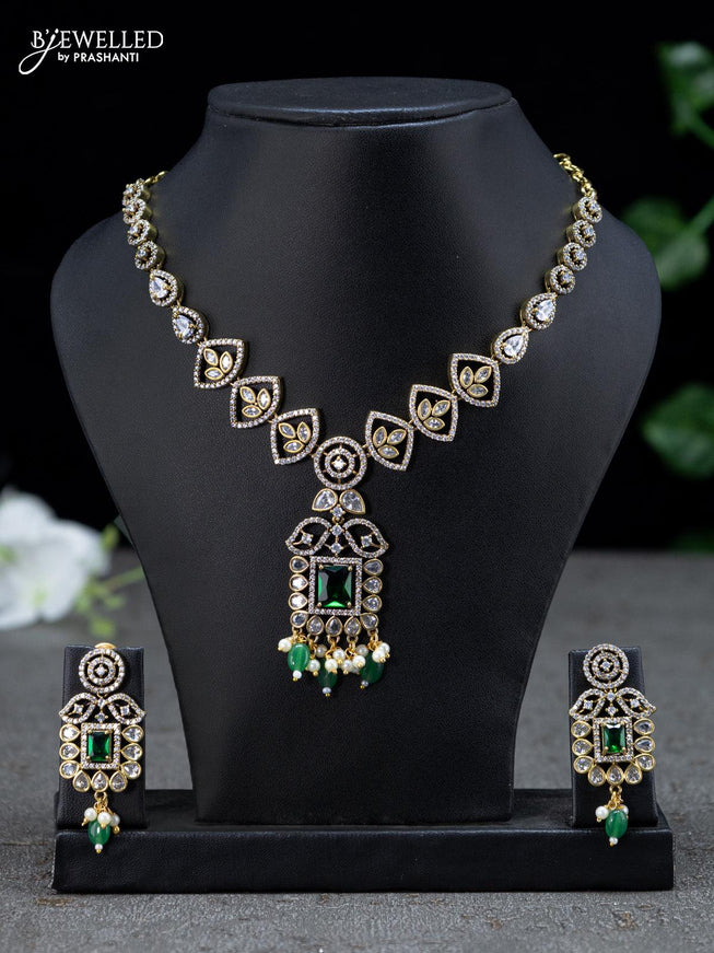 Necklace emerald and cz stones with beads hangings in victorian finish - {{ collection.title }} by Prashanti Sarees