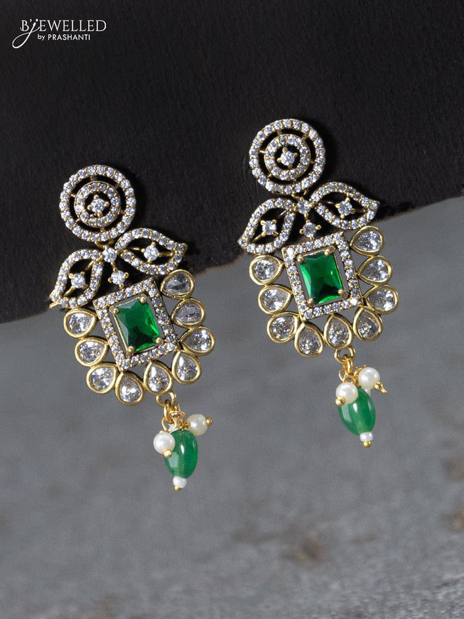 Necklace emerald and cz stones with beads hangings in victorian finish - {{ collection.title }} by Prashanti Sarees