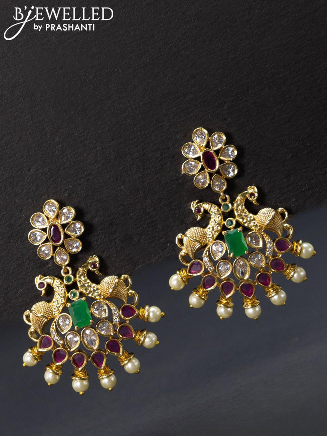 Antique earrings peacock design with kemp and cz stones - {{ collection.title }} by Prashanti Sarees
