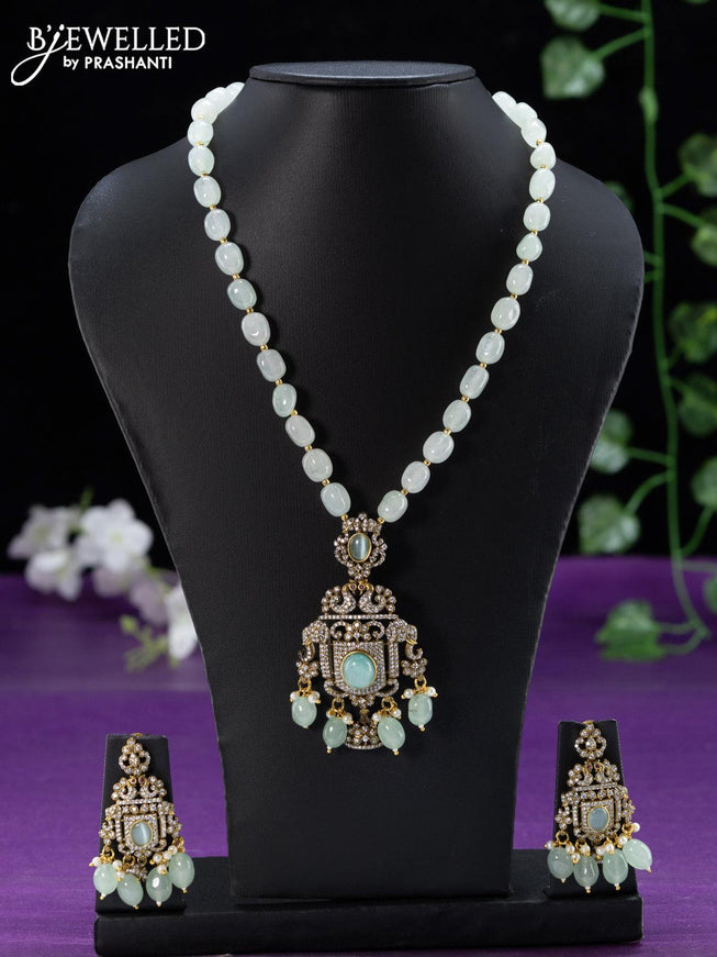 Beaded mint green necklace with cz stones and beads hangings in victorian finish - {{ collection.title }} by Prashanti Sarees