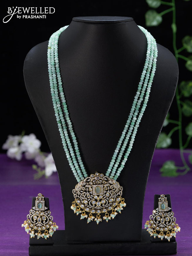 Beaded mint green necklace with cz stones and beads hangings in victorian finish - {{ collection.title }} by Prashanti Sarees