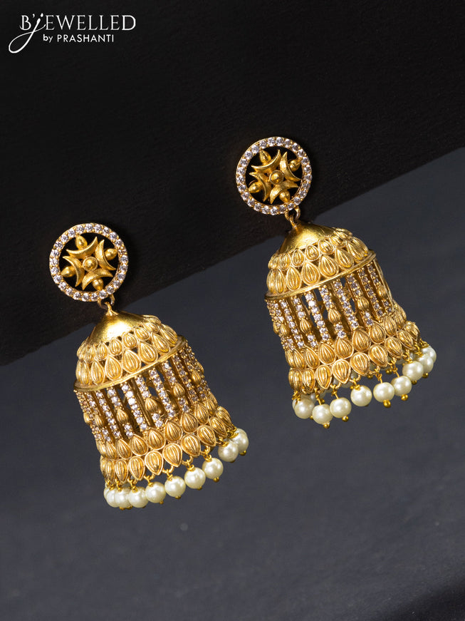 Antique jhumka with cz stones pearl hangings