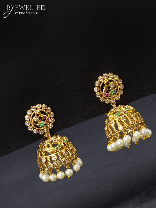 Antique jhumka with kemp & cz stones and  pearl hangings