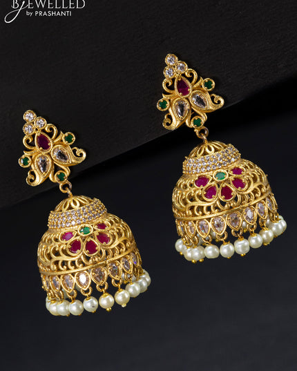 Antique jhumka with kemp & cz stones and pearl hangings