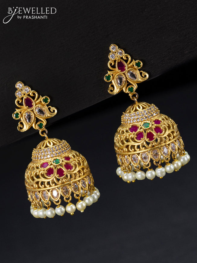Antique jhumka with kemp & cz stones and pearl hangings