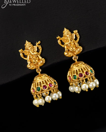 Antique jhumka ganesha design with kemp stones and pearl hangings