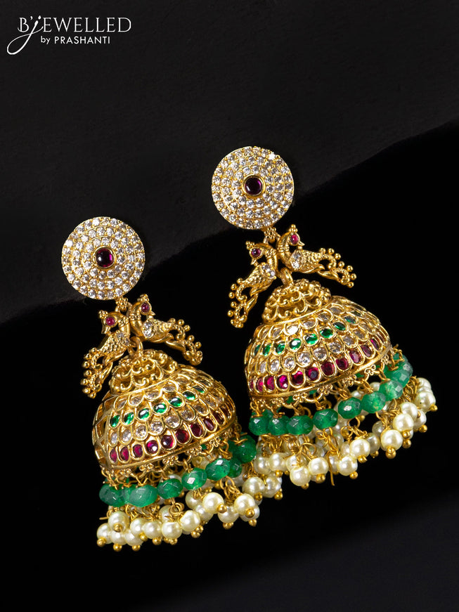 Antique jhumka peacock design with kemp & cz stones and beads hangings