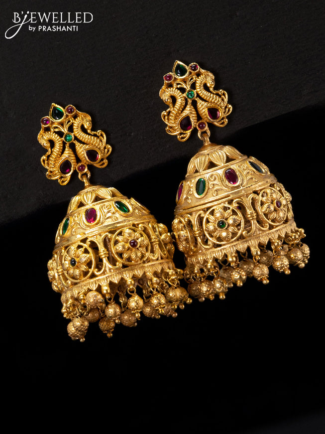 Antique jhumka with kemp stones and golden beads hangings