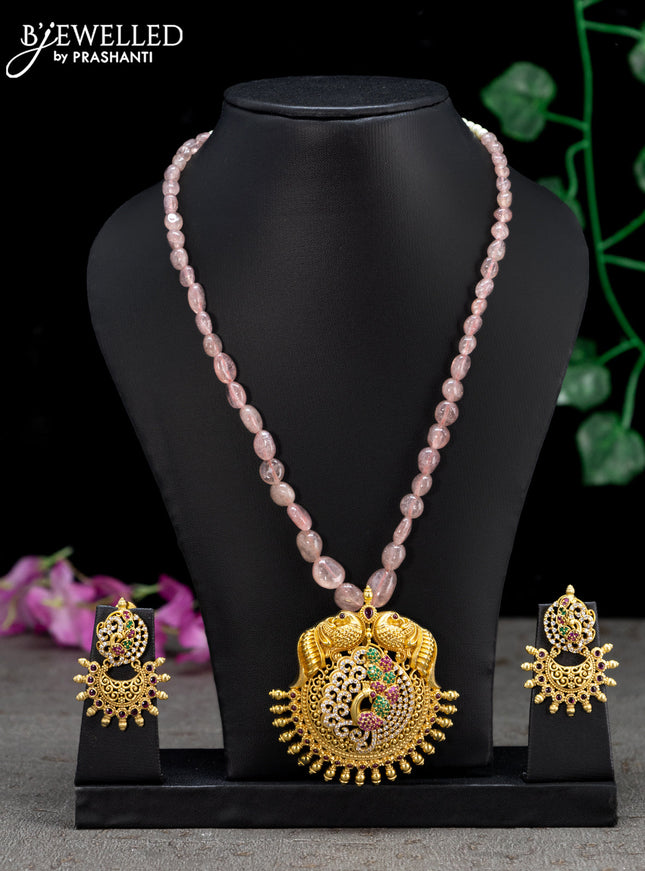 Beaded maroon necklace with kemp & cz stones and peacock pendant