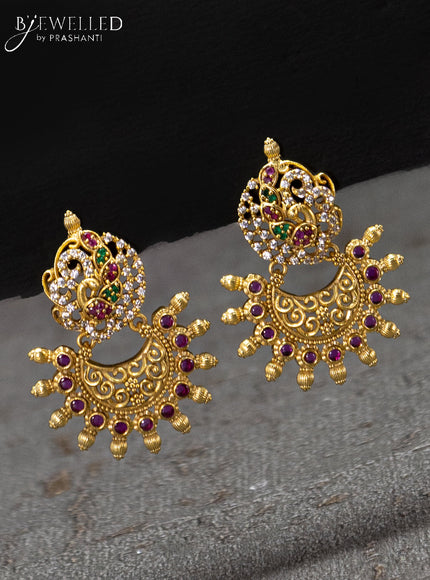 Beaded maroon necklace with kemp & cz stones and peacock pendant