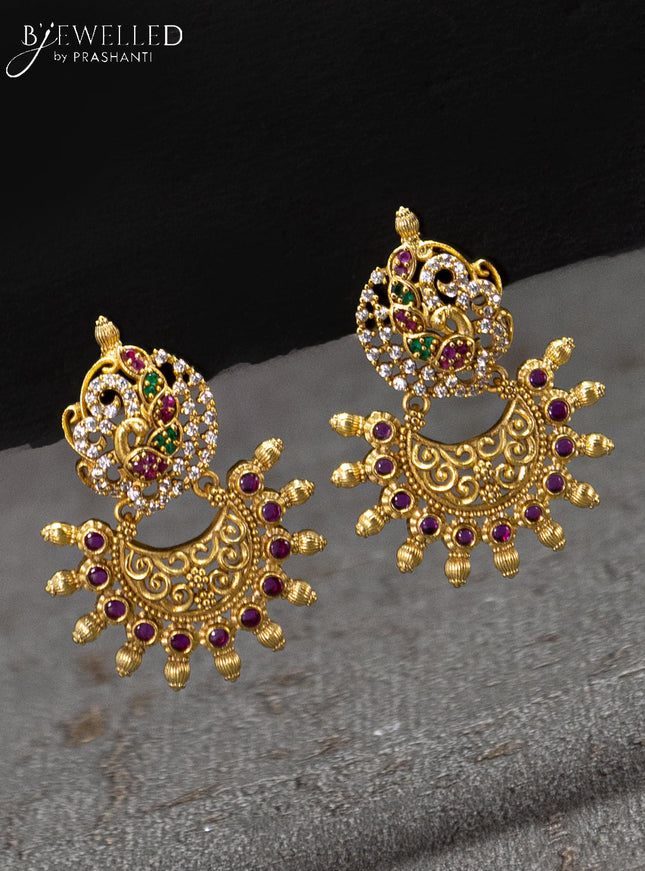 Beaded maroon necklace with kemp & cz stones and peacock pendant