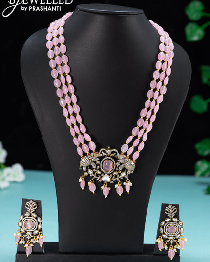 Beaded triple layer baby pink necklace elephant design with cz stones and beades hanging in victorian finish