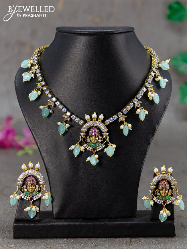 Necklace kemp & cz stones with tirupati balaji pendant and ice blue beads hanging in victorian finish