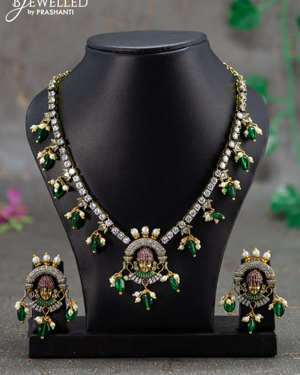 Necklace kemp & cz stones with tirupati balaji pendant and green beads hanging in victorian finish