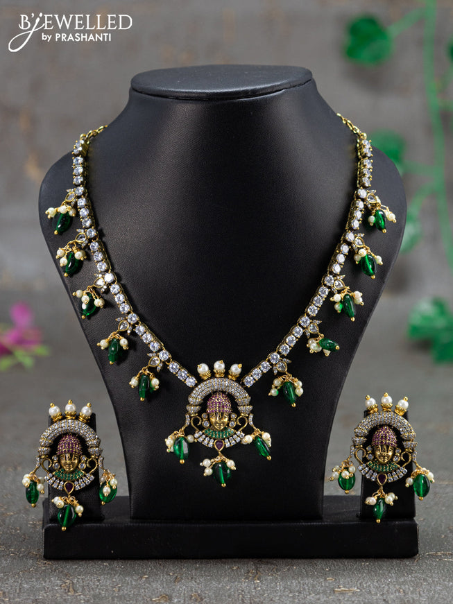 Necklace kemp & cz stones with tirupati balaji pendant and green beads hanging in victorian finish