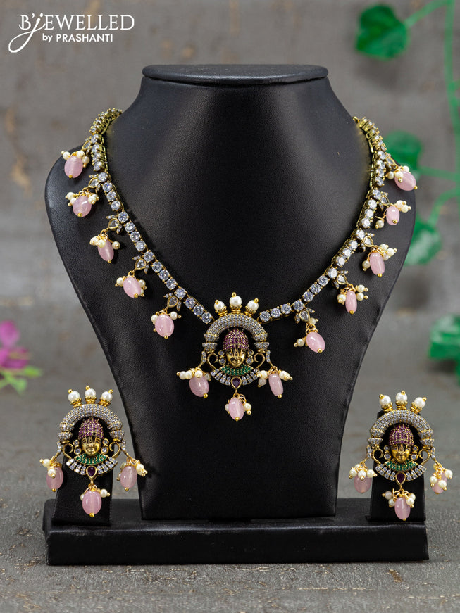 Necklace kemp & cz stones with tirupati balaji pendant and baby pink beads hanging in victorian finish