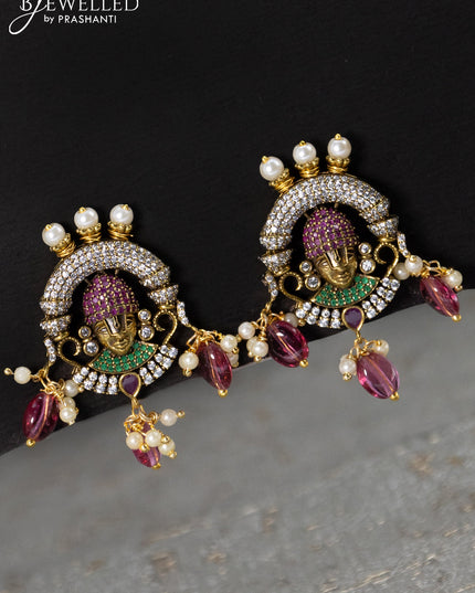 Necklace kemp & cz stones with tirupati balaji pendant and pink beads hanging in victorian finish