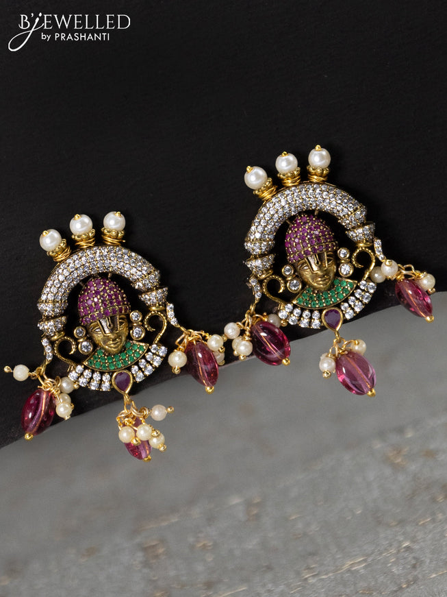 Necklace kemp & cz stones with tirupati balaji pendant and pink beads hanging in victorian finish