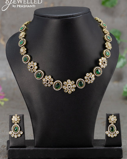 Necklace floral design with emerald and cz stones in victorian finish