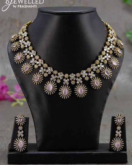 Necklace floral design with baby pink and cz stones in victorian finish