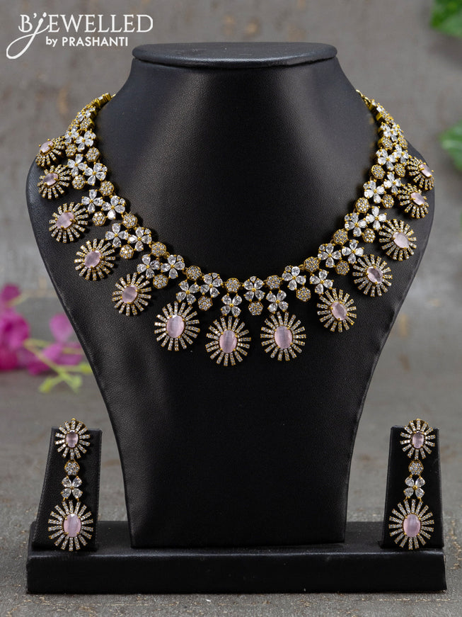 Necklace floral design with baby pink and cz stones in victorian finish