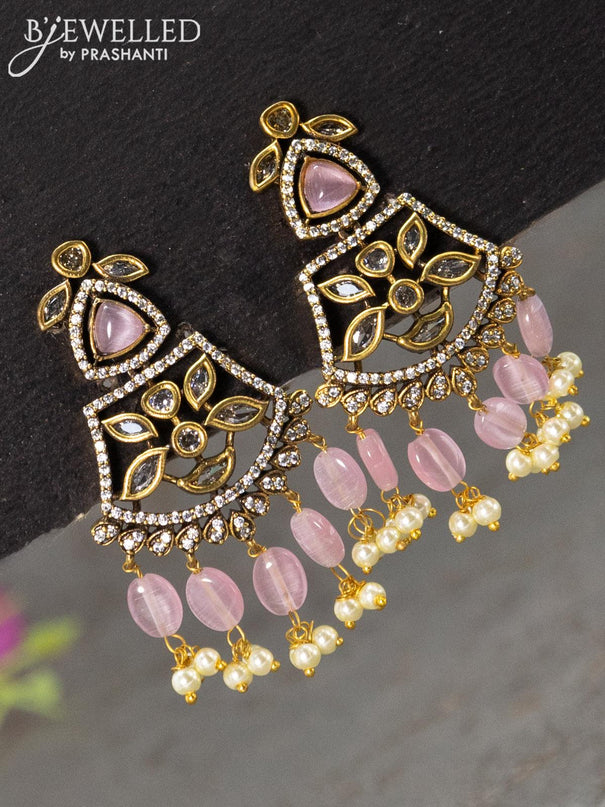 Necklace with baby pink & cz stones and beads hanging in victorian finish