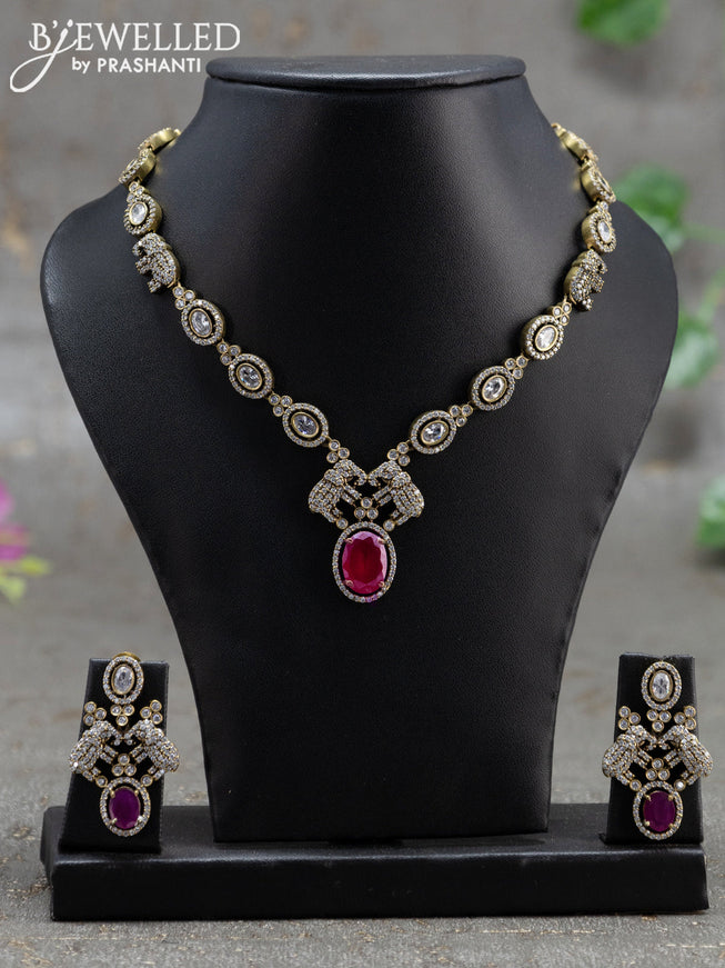 Necklace elephant design with pink kemp and cz stones in victorian finish