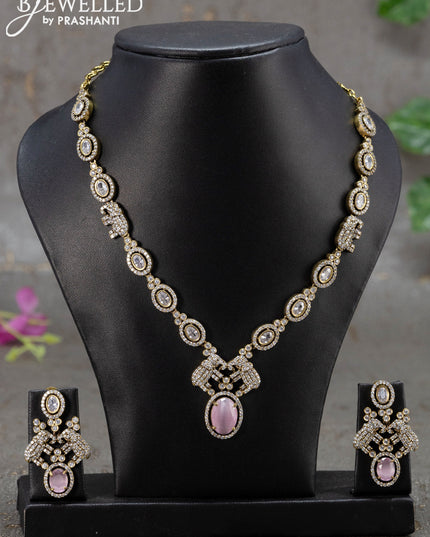Necklace elephant design with baby pink and cz stones in victorian finish