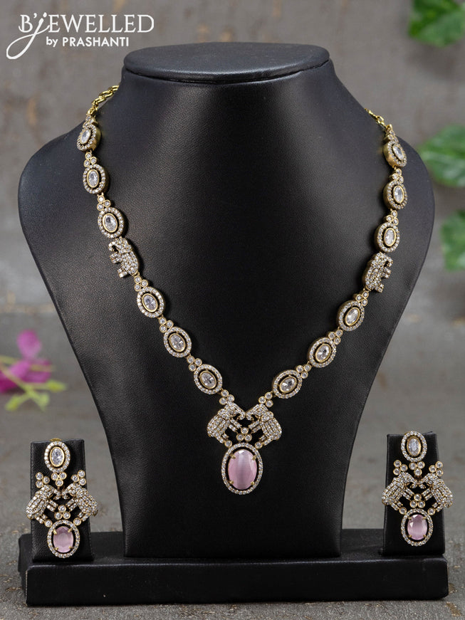 Necklace elephant design with baby pink and cz stones in victorian finish