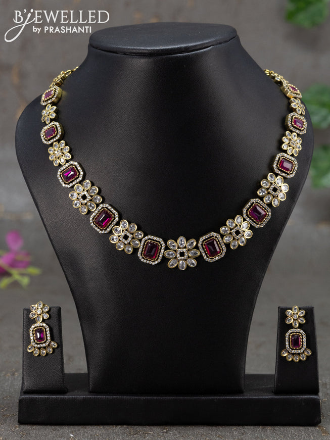 Necklace floral design with pink kemp and cz stones in victorian finish