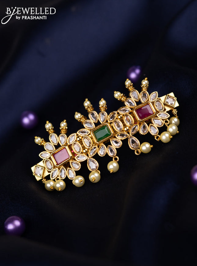 Antique hair clips medium size with kemp & cz stones and pearl hangings