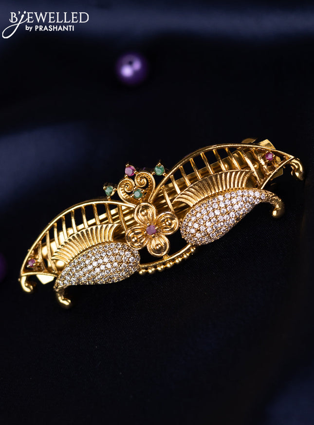 Antique hair clips medium size floral design with kemp and cz stones