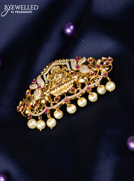 Antique hair clips medium size lakshmi design with kemp & cz stones and pearl hangings