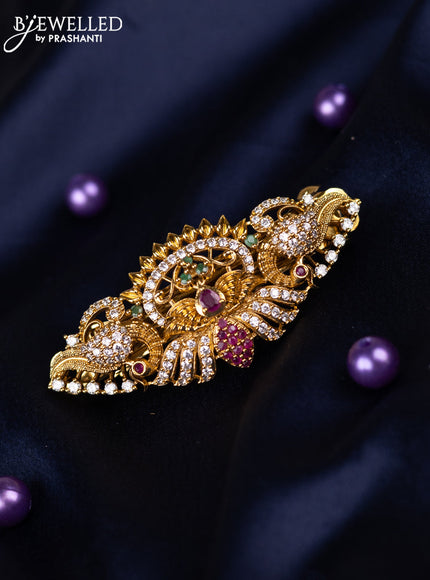 Antique hair clips medium size peacock design with kemp and cz stones